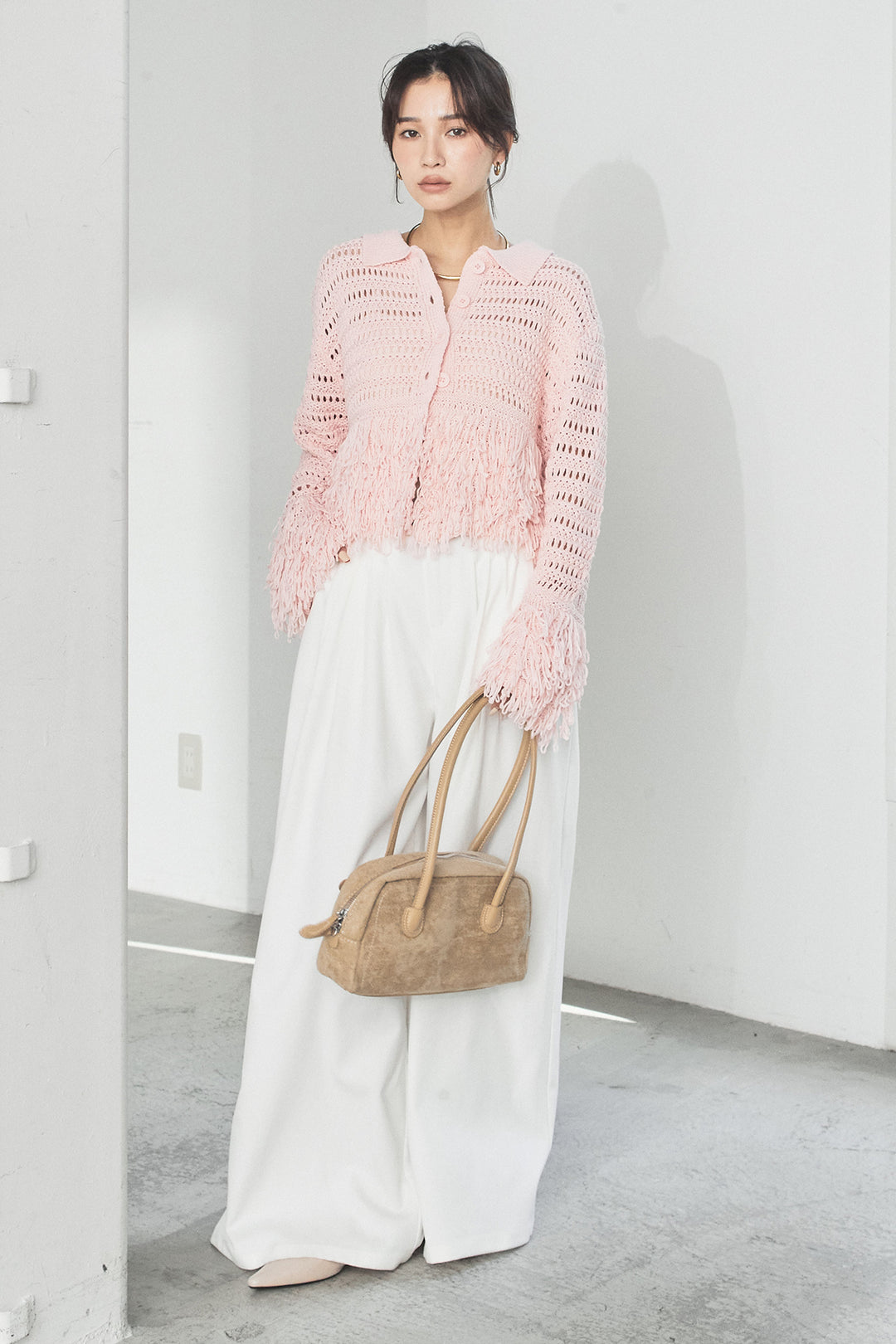 [SET]メッシュフリンジカーディガン+編みベルト付きウエストタックワイドパンツ(2set)