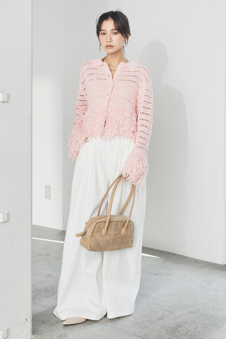 [SET]メッシュフリンジカーディガン+編みベルト付きウエストタックワイドパンツ(2set)