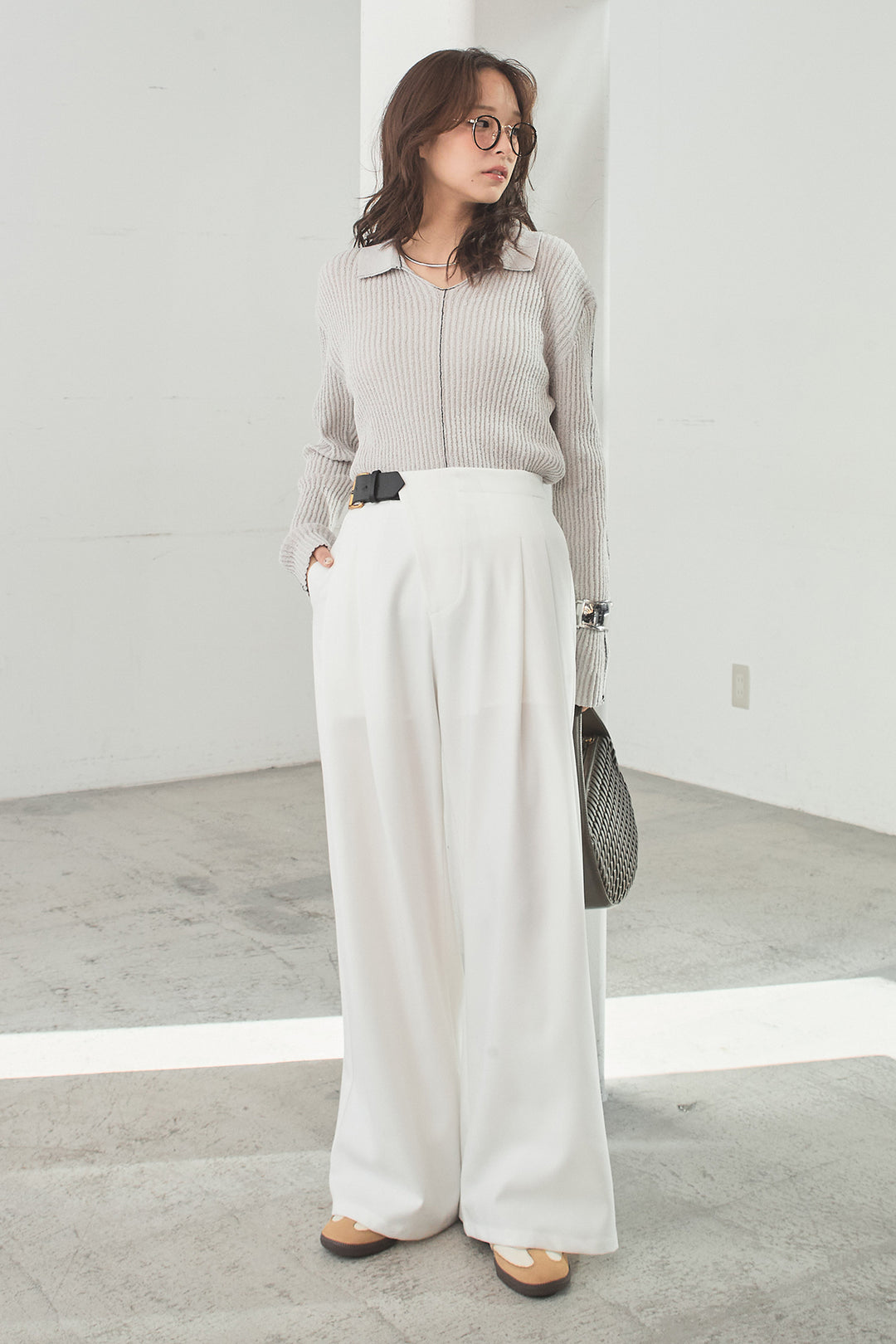 [SET]衿付きニットプルオーバー+サイドベルトタック入りスラックス(2set)