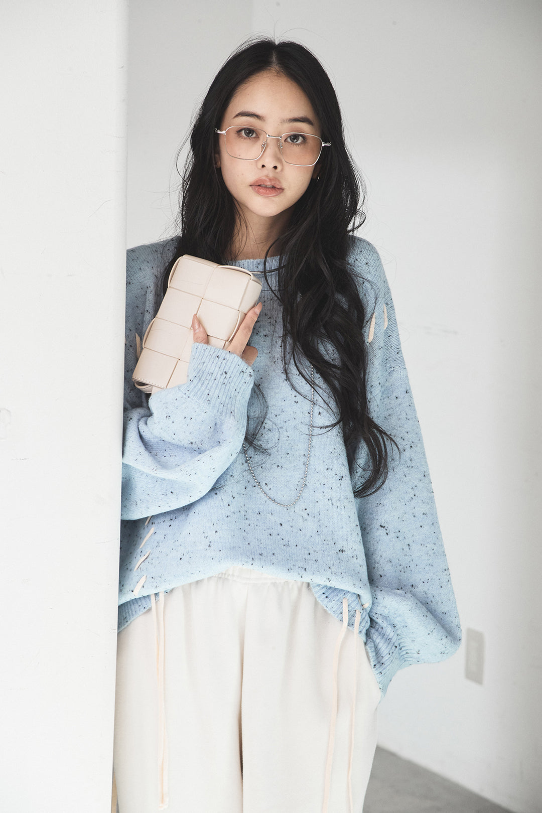 [SET]ネップ編み上げニットトップス+裏起毛スウェットワイドパンツ(2set)