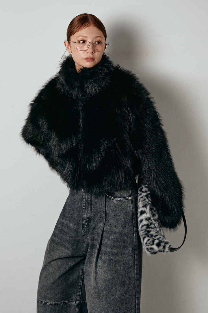 [SET]エコファーショート丈ブルゾン+加工デニムタックコクーンワイドパンツ(2set)