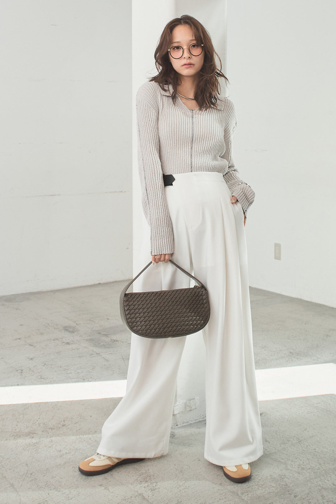 [SET]衿付きニットプルオーバー+サイドベルトタック入りスラックス(2set)