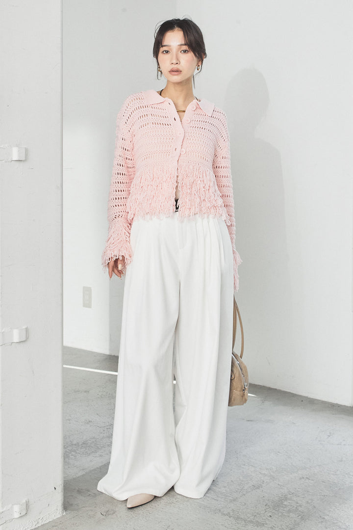 [SET]メッシュフリンジカーディガン+編みベルト付きウエストタックワイドパンツ(2set)