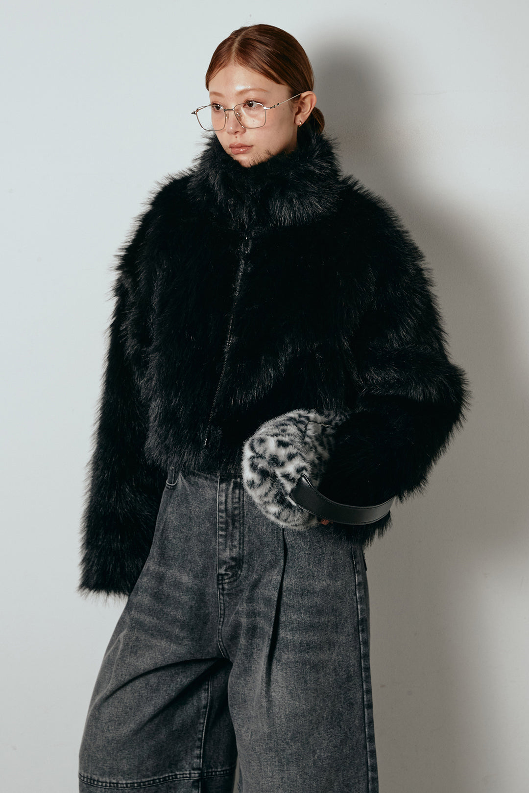 [SET]エコファーショート丈ブルゾン+加工デニムタックコクーンワイドパンツ(2set)