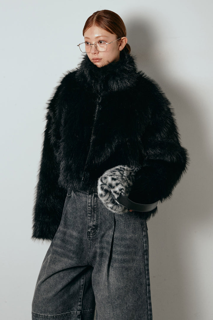 [SET]エコファーショート丈ブルゾン+加工デニムタックコクーンワイドパンツ(2set)