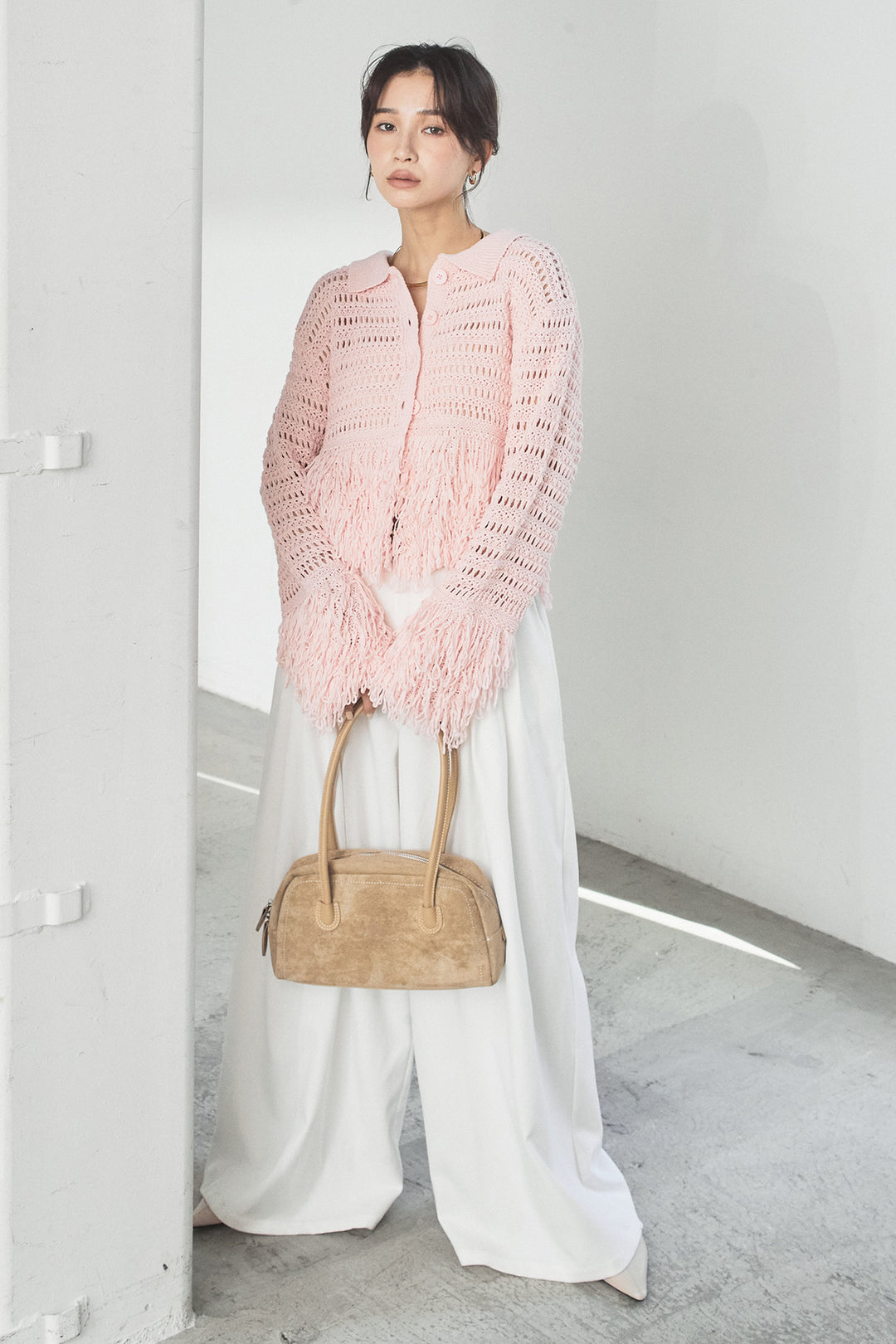 [SET]メッシュフリンジカーディガン+編みベルト付きウエストタックワイドパンツ(2set)
