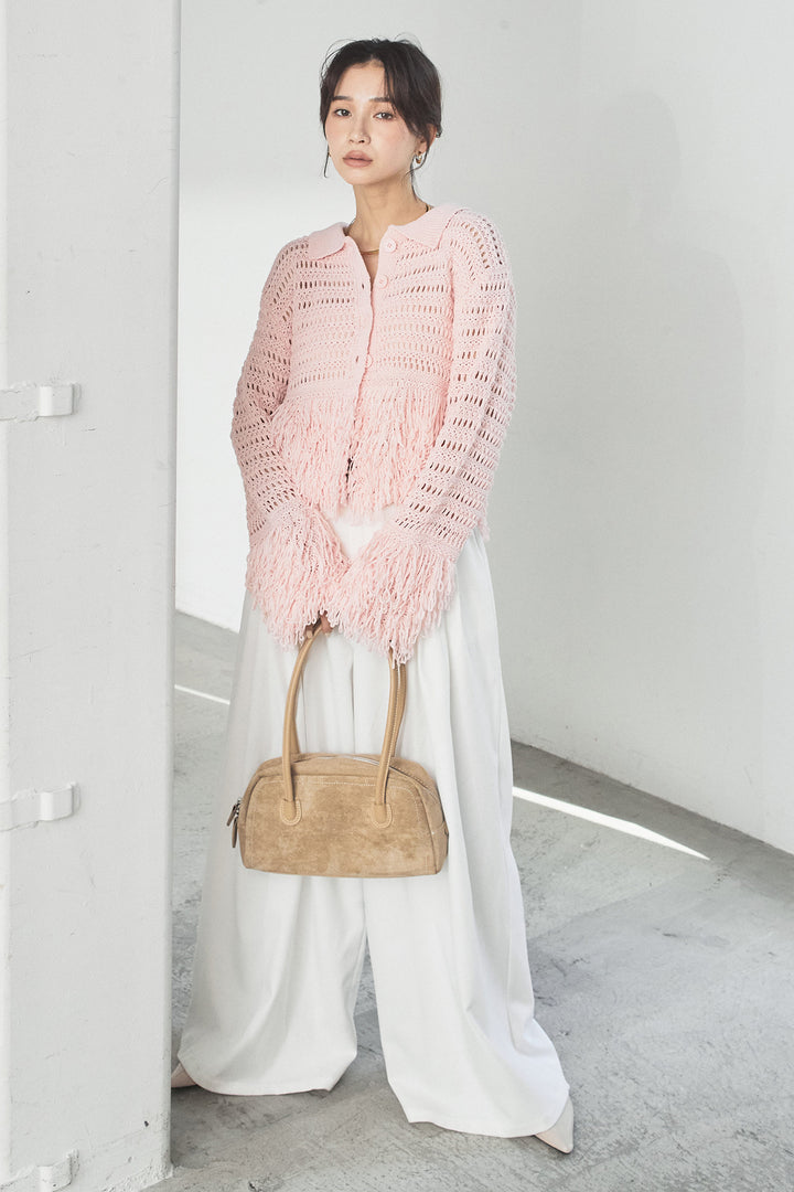 [SET]メッシュフリンジカーディガン+編みベルト付きウエストタックワイドパンツ(2set)