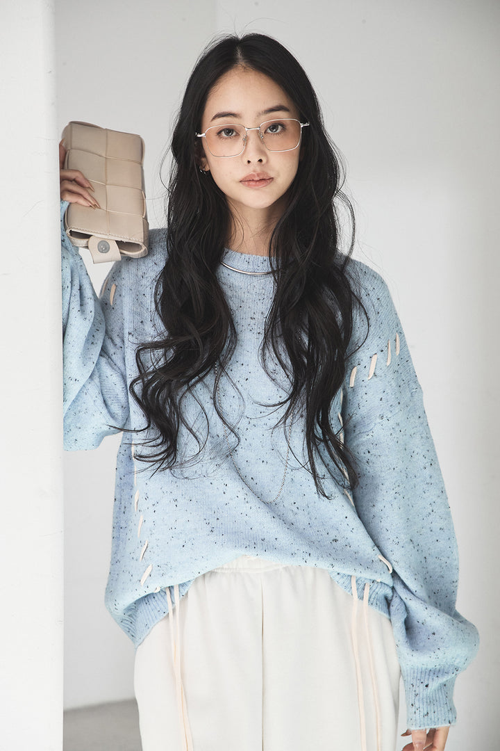 [SET]ネップ編み上げニットトップス+裏起毛スウェットワイドパンツ(2set)