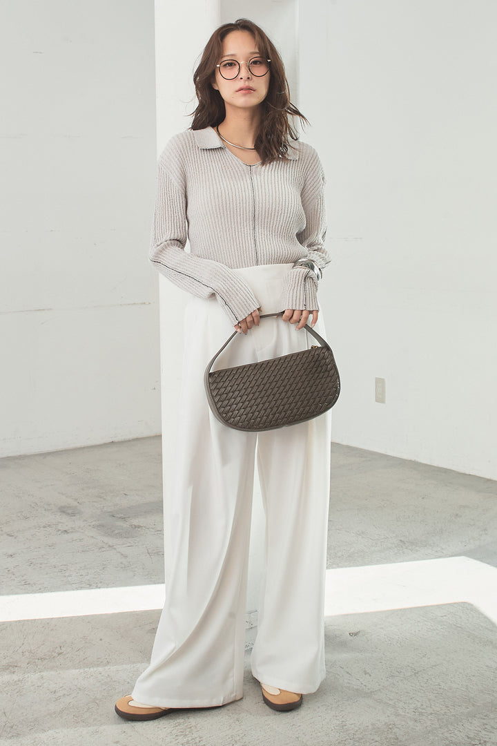 [SET]衿付きニットプルオーバー+サイドベルトタック入りスラックス(2set)