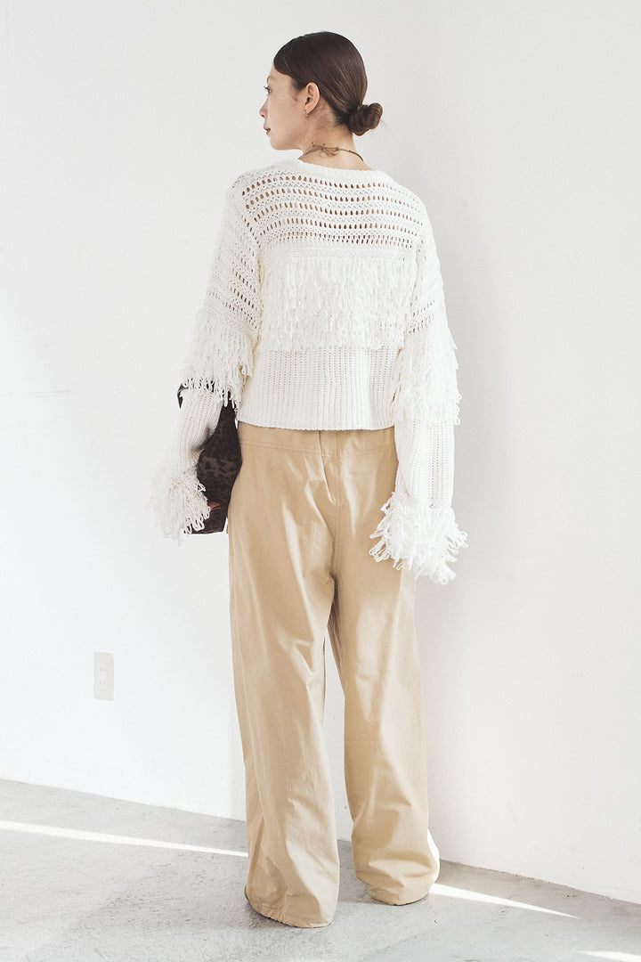 [SET]メッシュフリンジ切り替えプルオーバー+合繊ツイルスタンドウエスト巻きジョガーパンツ(2set)