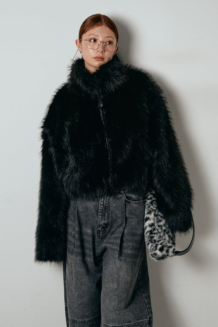 [SET]エコファーショート丈ブルゾン+加工デニムタックコクーンワイドパンツ(2set)