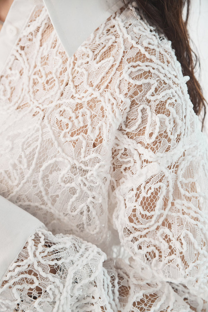 [SET]刺繍レースオーバーサイズシャツ+サテンレース切り替えタックパンツ(2set)