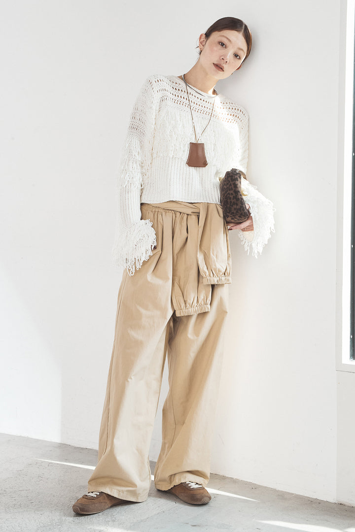 [SET]メッシュフリンジ切り替えプルオーバー+合繊ツイルスタンドウエスト巻きジョガーパンツ(2set)