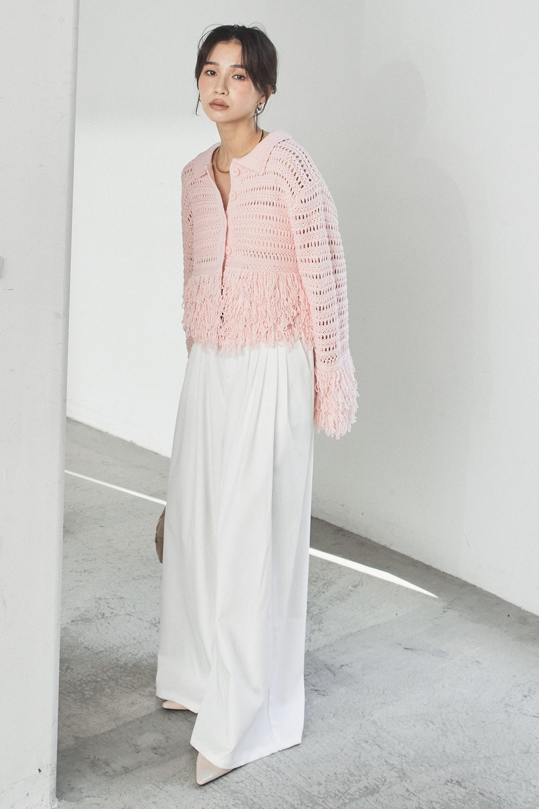 [SET]メッシュフリンジカーディガン+編みベルト付きウエストタックワイドパンツ(2set)