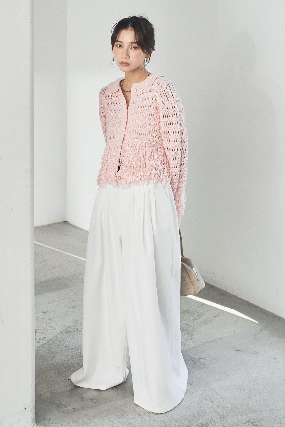 [SET]メッシュフリンジカーディガン+編みベルト付きウエストタックワイドパンツ(2set)