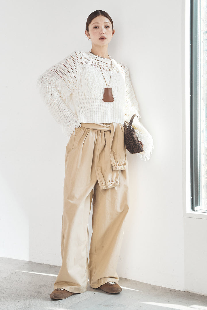 [SET]メッシュフリンジ切り替えプルオーバー+合繊ツイルスタンドウエスト巻きジョガーパンツ(2set)