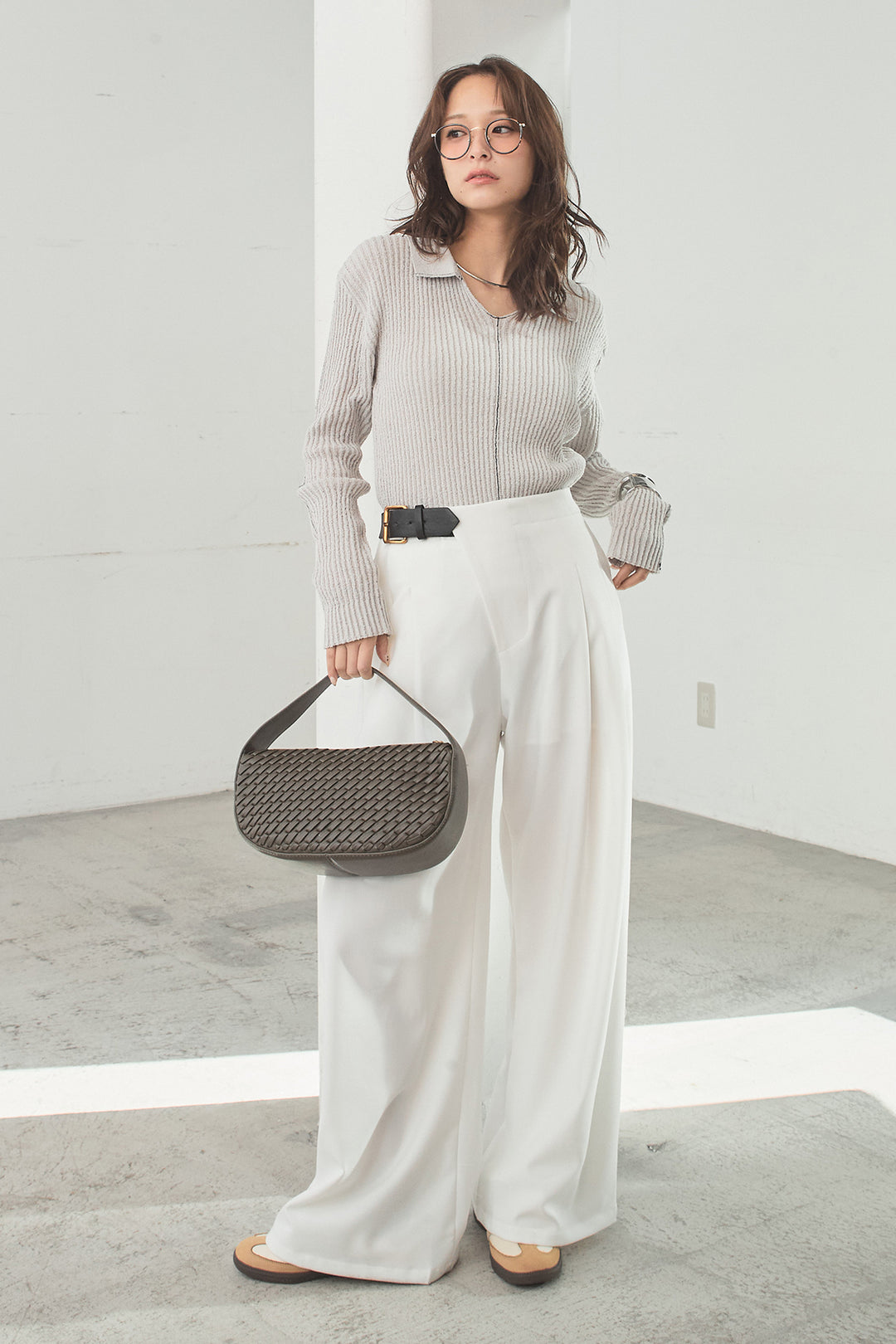 [SET]衿付きニットプルオーバー+サイドベルトタック入りスラックス(2set)