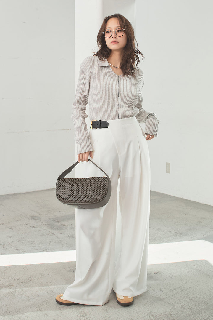 [SET]衿付きニットプルオーバー+サイドベルトタック入りスラックス(2set)