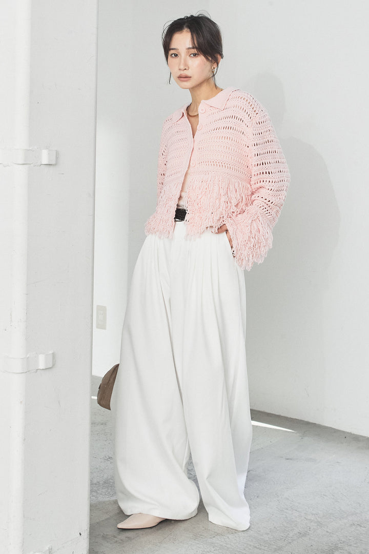 [SET]メッシュフリンジカーディガン+編みベルト付きウエストタックワイドパンツ(2set)