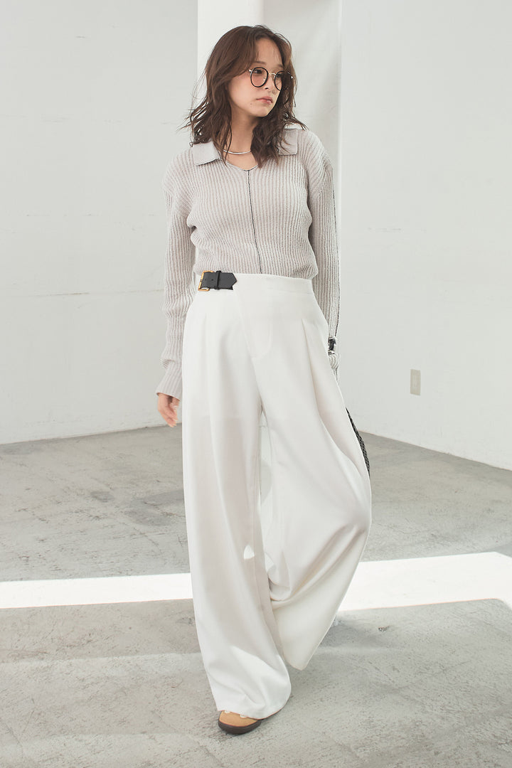 [SET]衿付きニットプルオーバー+サイドベルトタック入りスラックス(2set)