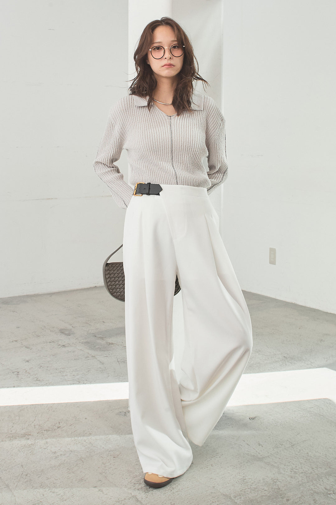 [SET]衿付きニットプルオーバー+サイドベルトタック入りスラックス(2set)