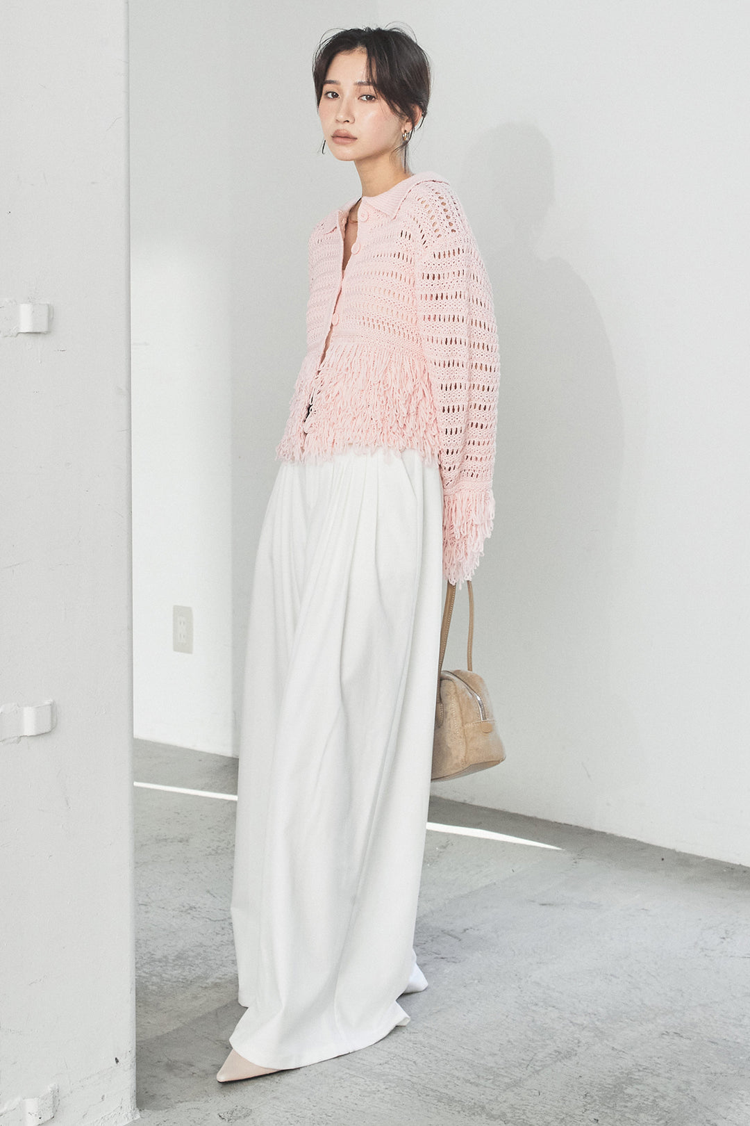 [SET]メッシュフリンジカーディガン+編みベルト付きウエストタックワイドパンツ(2set)