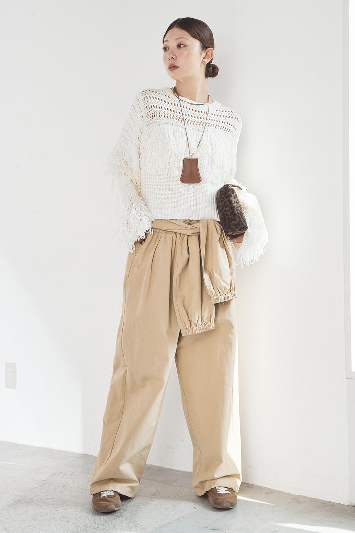 [SET]メッシュフリンジ切り替えプルオーバー+合繊ツイルスタンドウエスト巻きジョガーパンツ(2set)