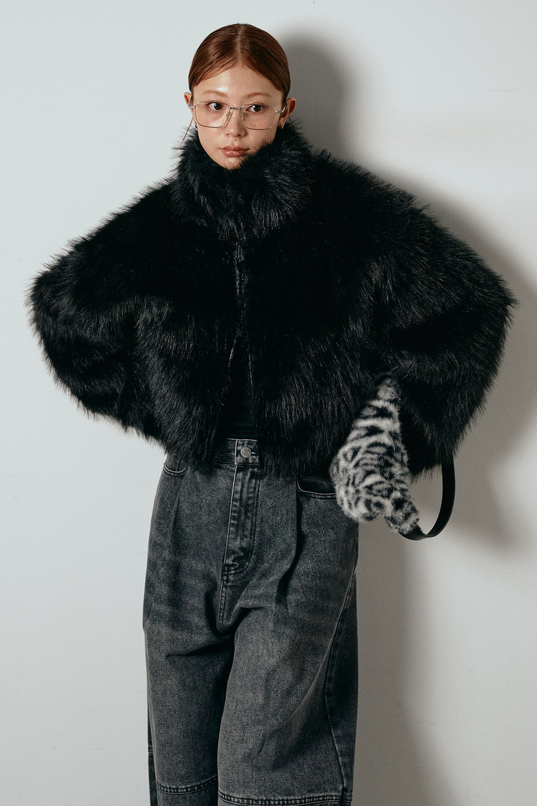 [SET]エコファーショート丈ブルゾン+加工デニムタックコクーンワイドパンツ(2set)