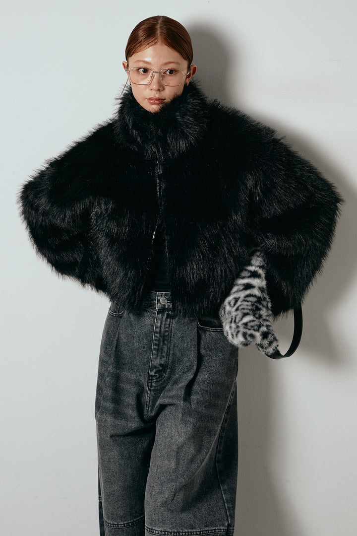 [SET]エコファーショート丈ブルゾン+加工デニムタックコクーンワイドパンツ(2set)