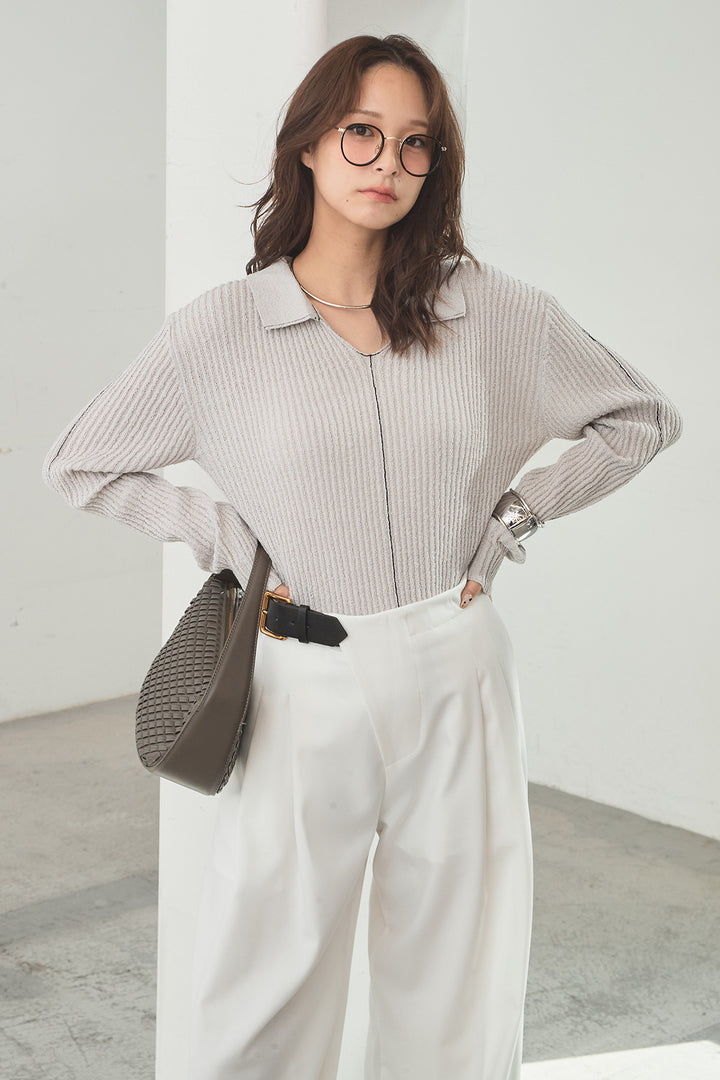 [SET]衿付きニットプルオーバー+サイドベルトタック入りスラックス(2set)