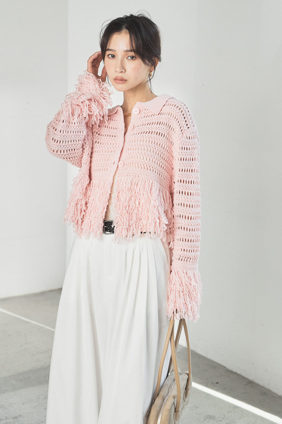 [SET]メッシュフリンジカーディガン+編みベルト付きウエストタックワイドパンツ(2set)