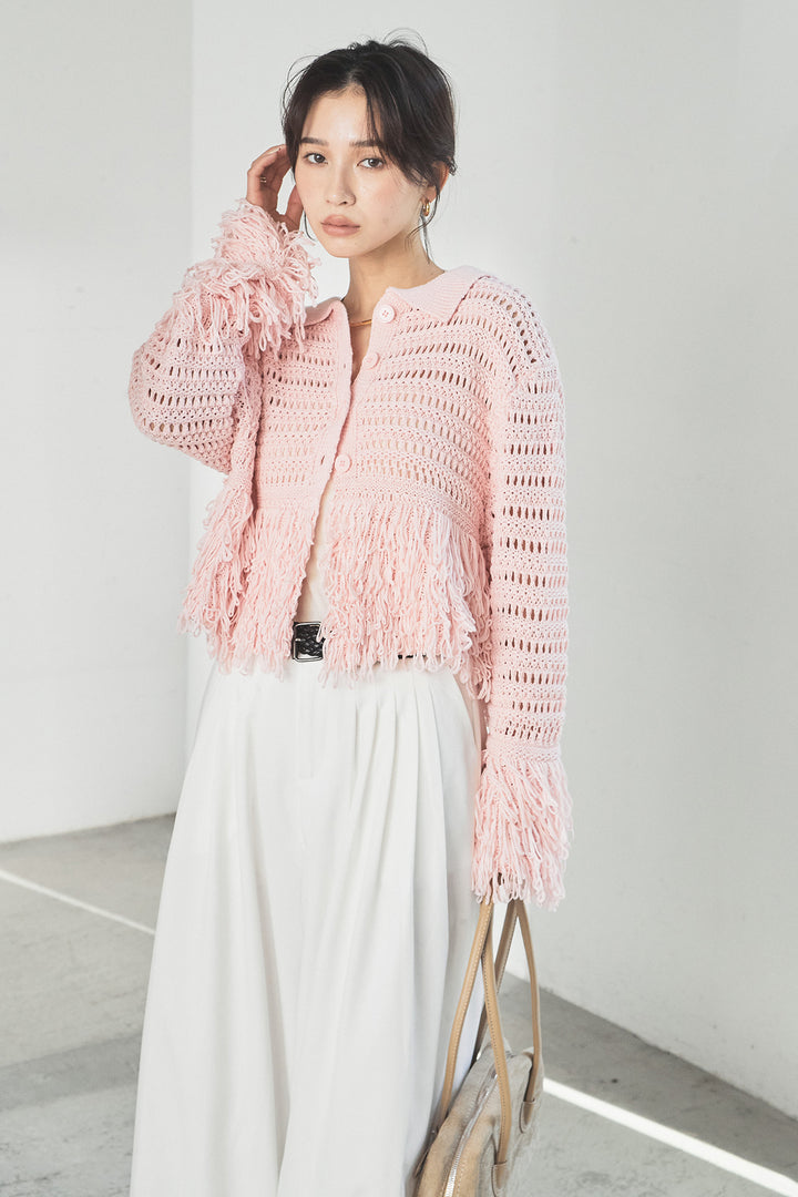 [SET]メッシュフリンジカーディガン+編みベルト付きウエストタックワイドパンツ(2set)
