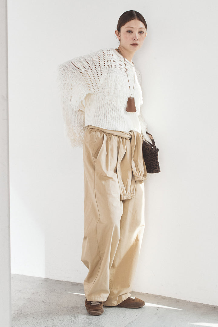 [SET]メッシュフリンジ切り替えプルオーバー+合繊ツイルスタンドウエスト巻きジョガーパンツ(2set)
