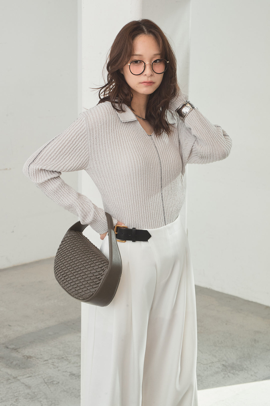 [SET]衿付きニットプルオーバー+サイドベルトタック入りスラックス(2set)