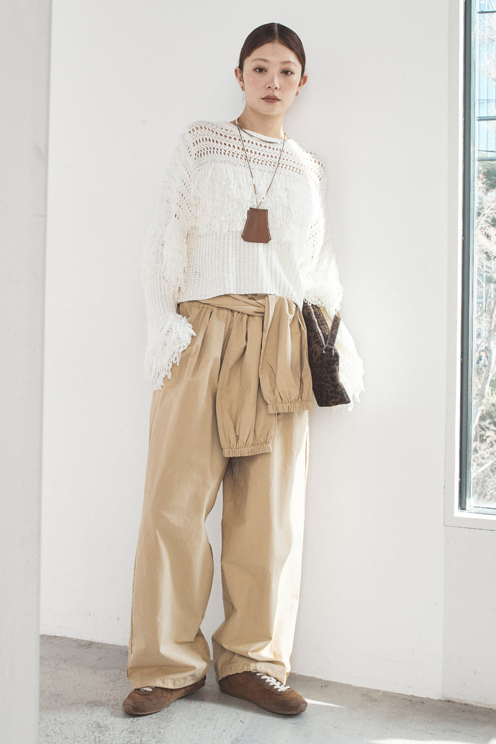 [SET]メッシュフリンジ切り替えプルオーバー+合繊ツイルスタンドウエスト巻きジョガーパンツ(2set)