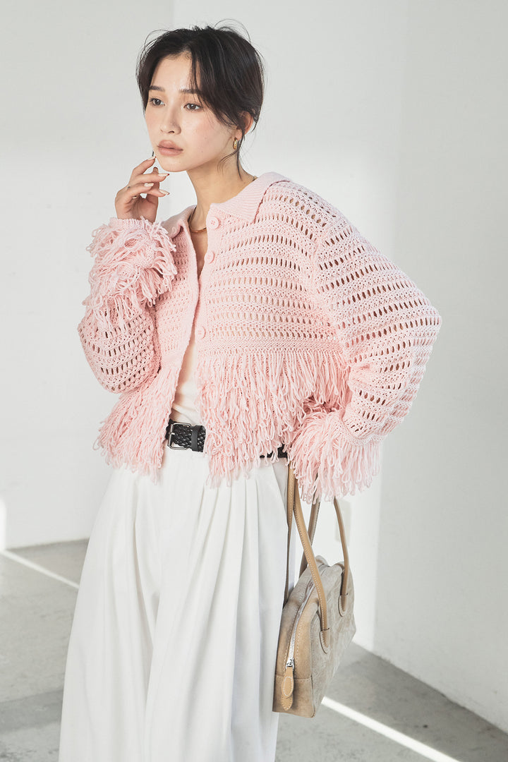 [SET]メッシュフリンジカーディガン+編みベルト付きウエストタックワイドパンツ(2set)