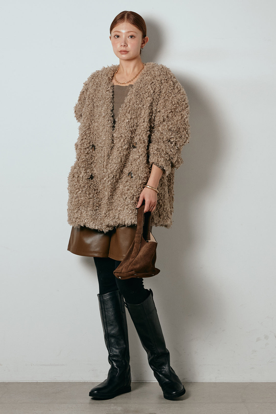 [SET]シープライクファージャケット+ストレッチエコレザーバミューダパンツ(2set)