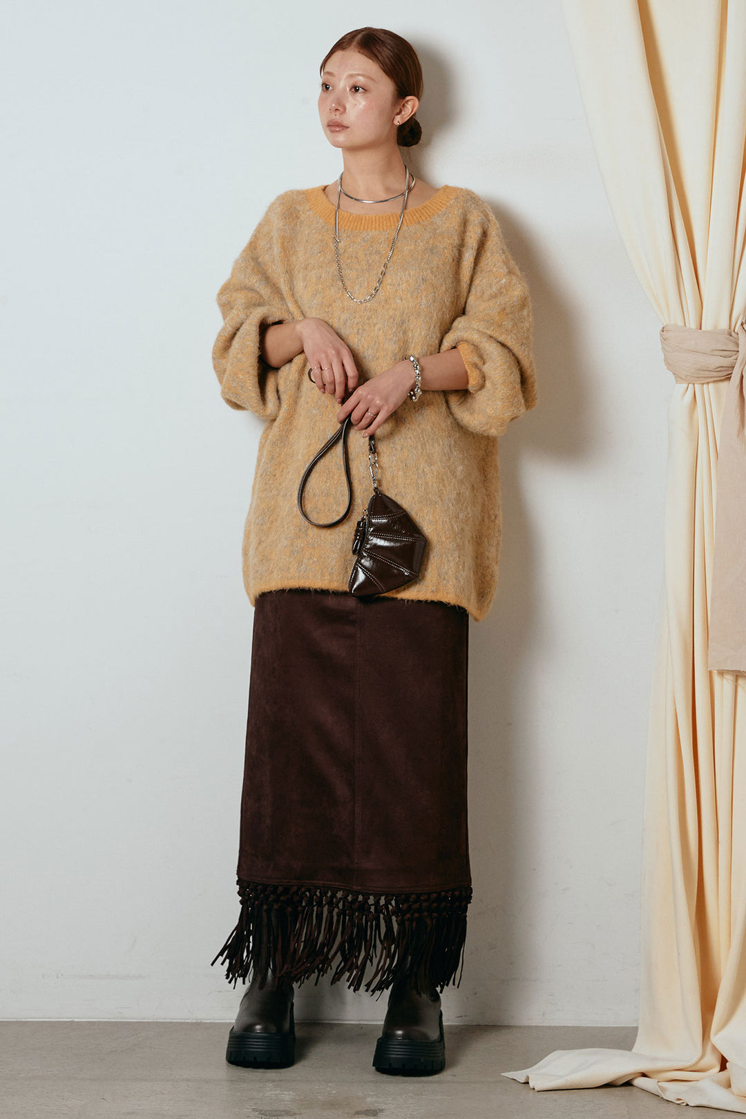 [SET]ボリュームスリーブミックスニットトップス+スウェードライク裾フリンジスカート(2set)