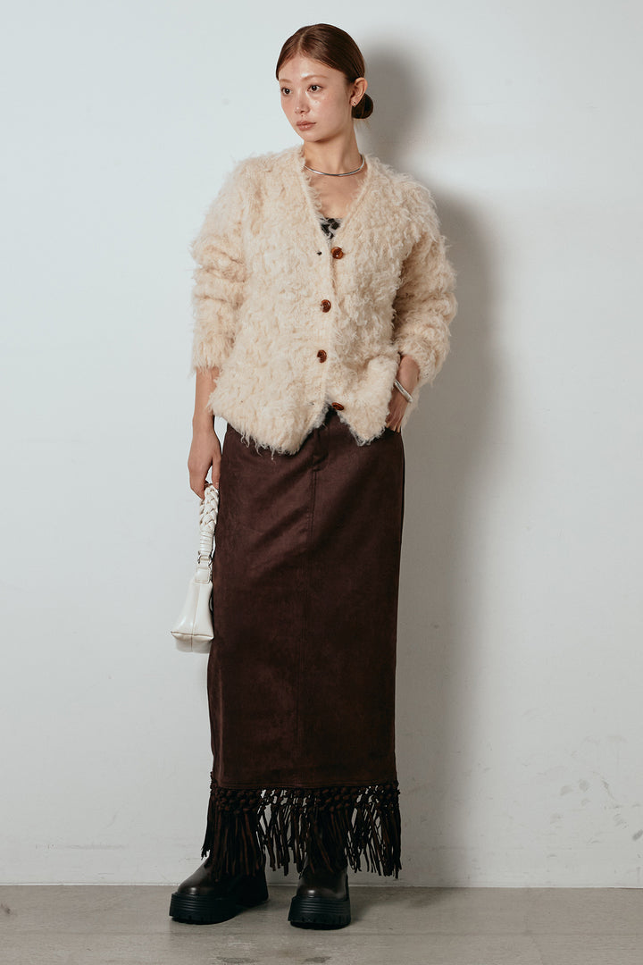 [SET]ルーズシャギーニットカーディガン+スウェードライク裾フリンジスカート(2set)