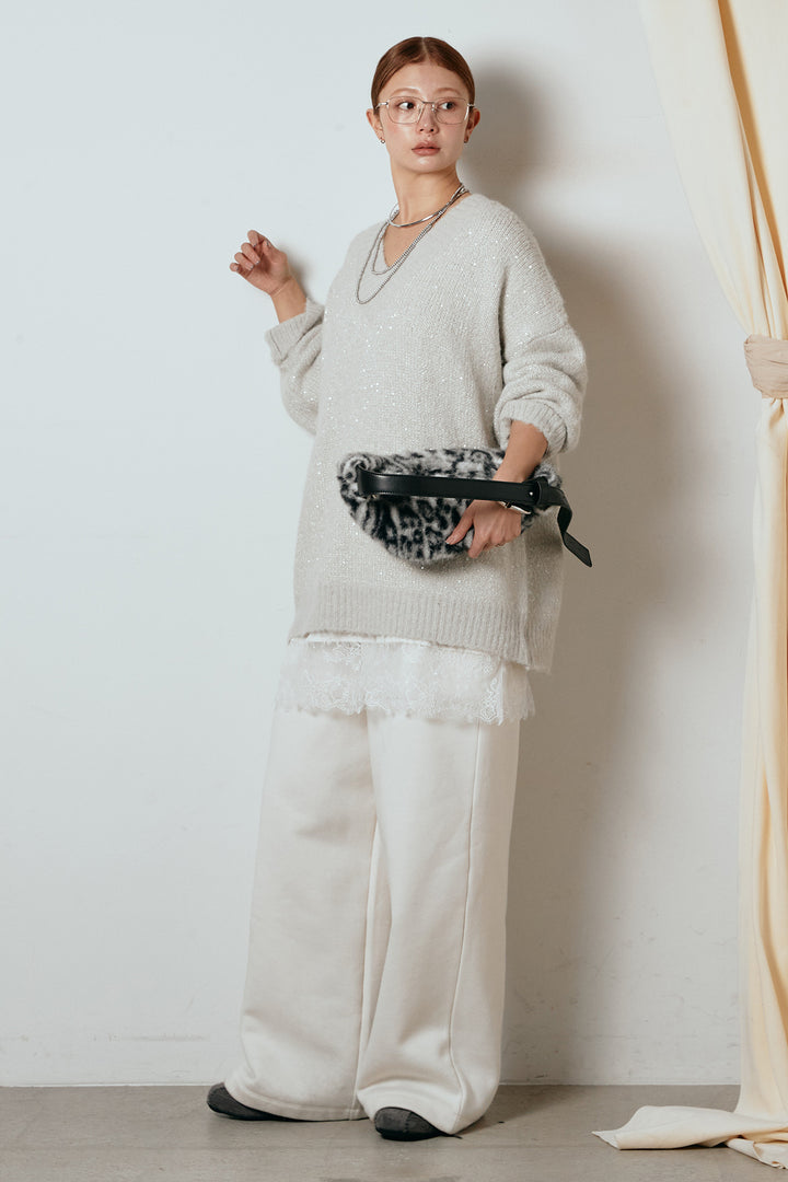 [SET]Vネックルーズラメニットトップス+裏起毛スウェットワイドパンツ(2set)