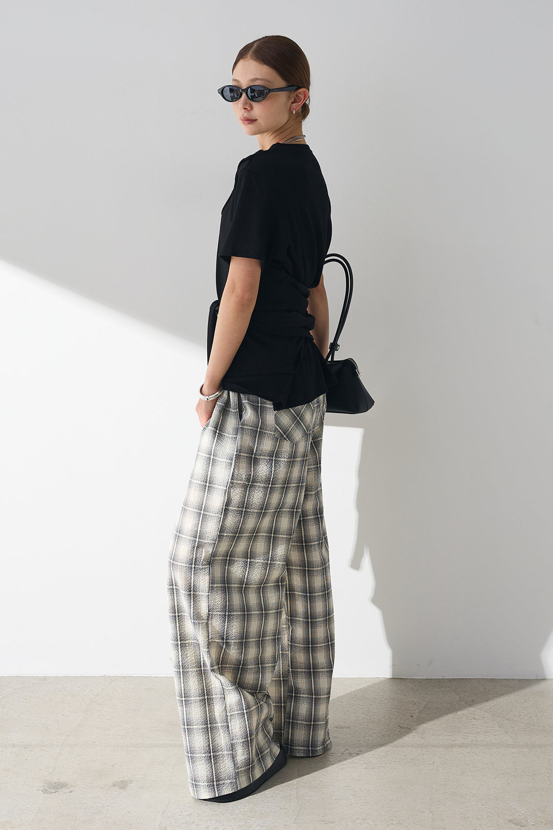 [SET]フロントタイTシャツ+タータンチェックワイドパンツ(2set)