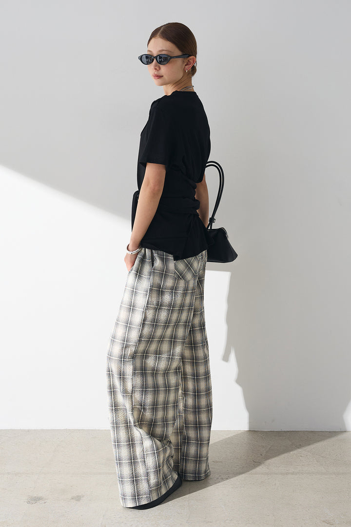 [SET]フロントタイTシャツ+タータンチェックワイドパンツ(2set)