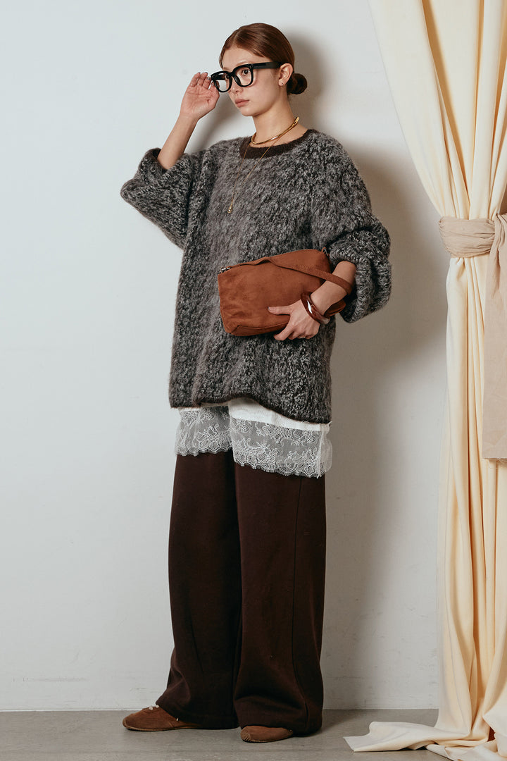 [SET]ボリュームスリーブミックスニットトップス+裏起毛スウェットワイドパンツ(2set)