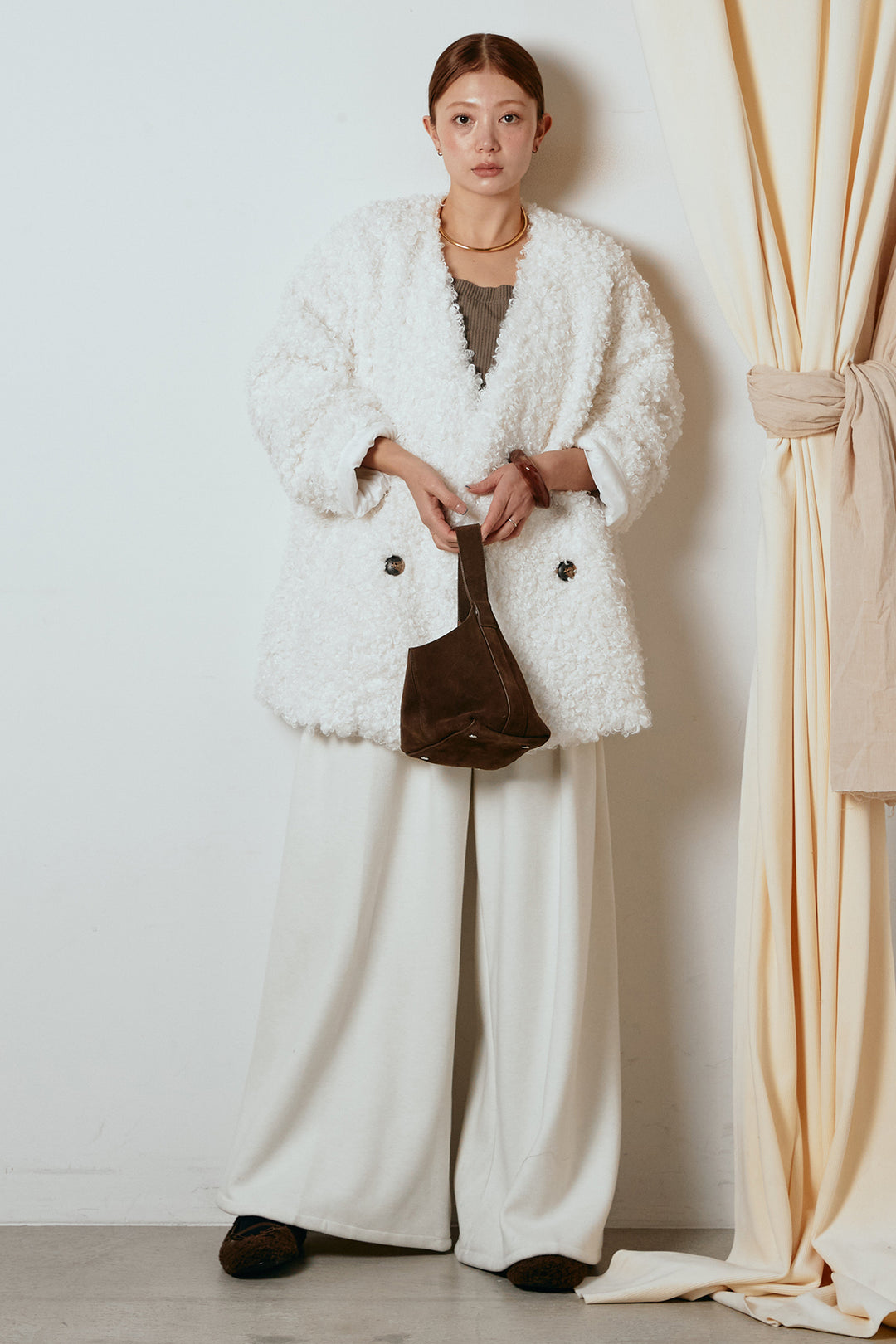 [SET]シープライクファージャケット+フェイクレザー太ベルト付きタックワイドパンツ(2set)