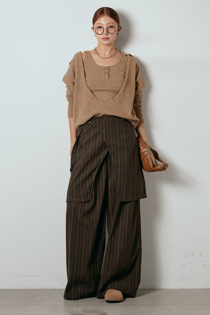 [SET]襟付きレイヤードニットトップス+細ストライプレイヤードデザインパンツ(2set)