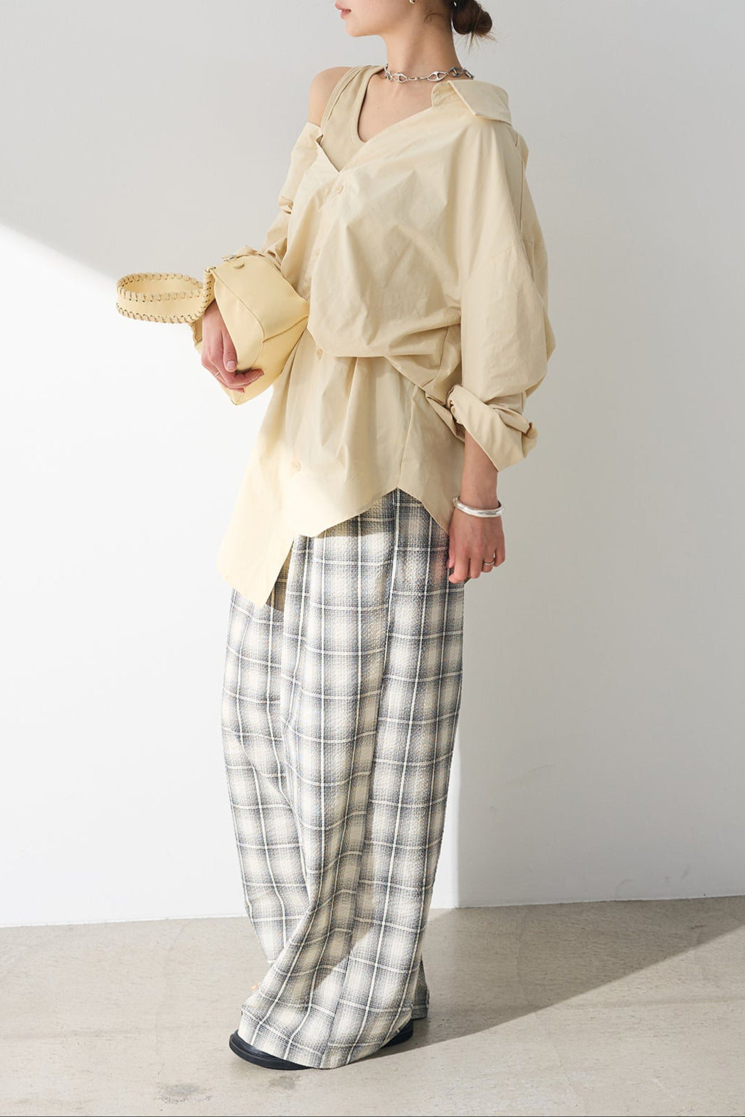 [SET]タンク付きアシメシャツ+タータンチェックワイドパンツ(2set)