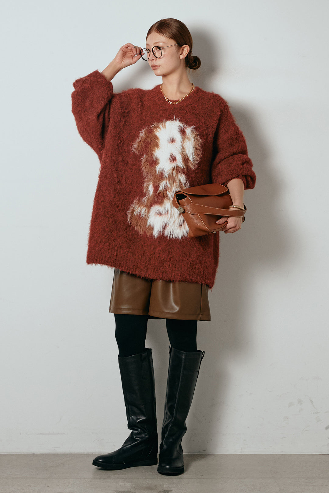 [SET]シャギーニュアンスアニマルニット+ストレッチエコレザーバミューダパンツ(2set)