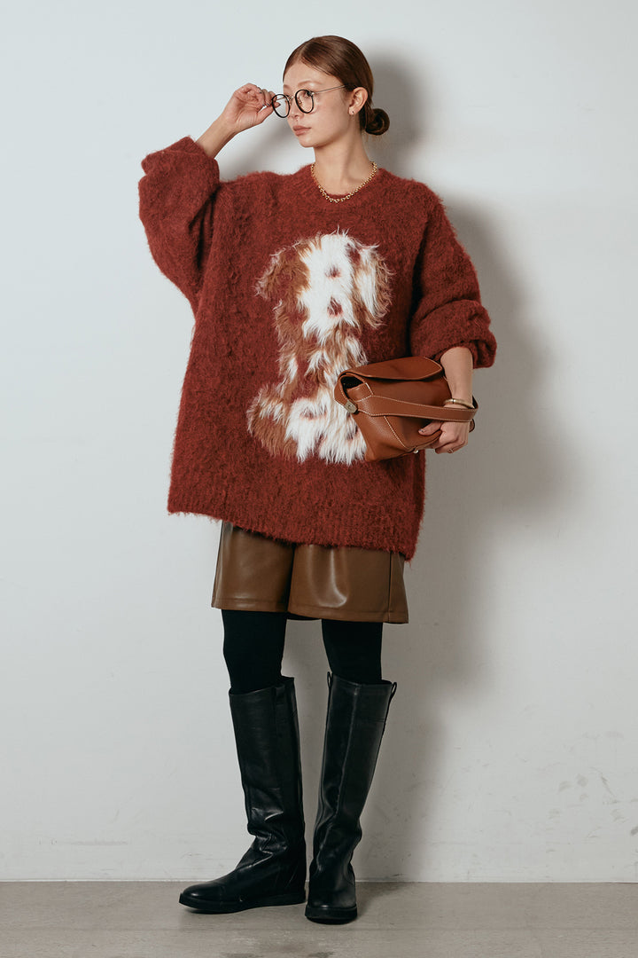 [SET]シャギーニュアンスアニマルニット+ストレッチエコレザーバミューダパンツ(2set)