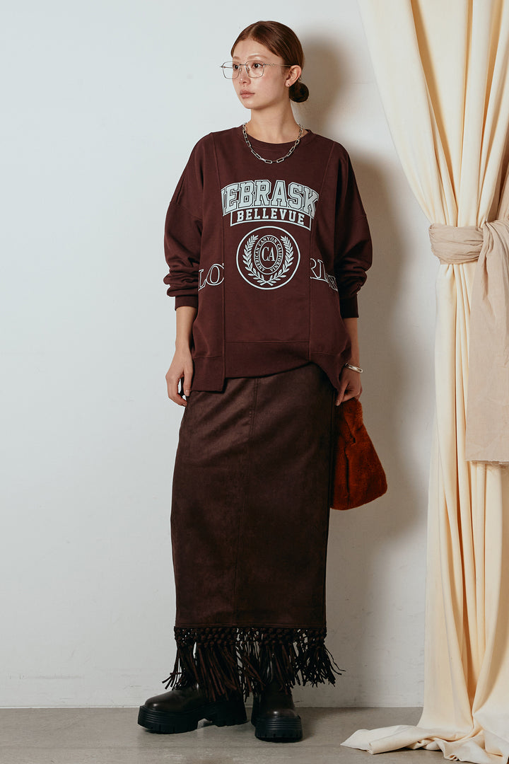 [SET]裏毛カレッジプリントプルオーバー+スウェードライク裾フリンジスカート(2set)