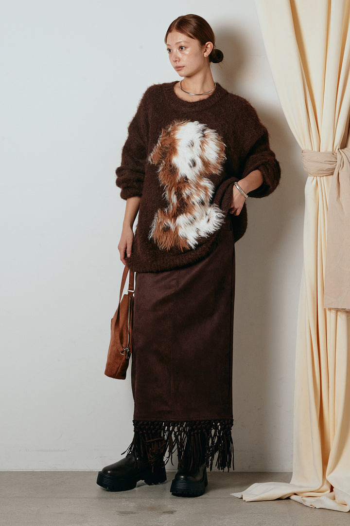 [SET]シャギーニュアンスアニマルニット+スウェードライク裾フリンジスカート(2set)